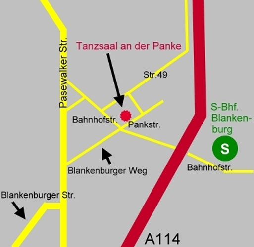 Das ist ein Lageplan, der die Anfahrt zum Tanzsaal an der Panke beschreibt